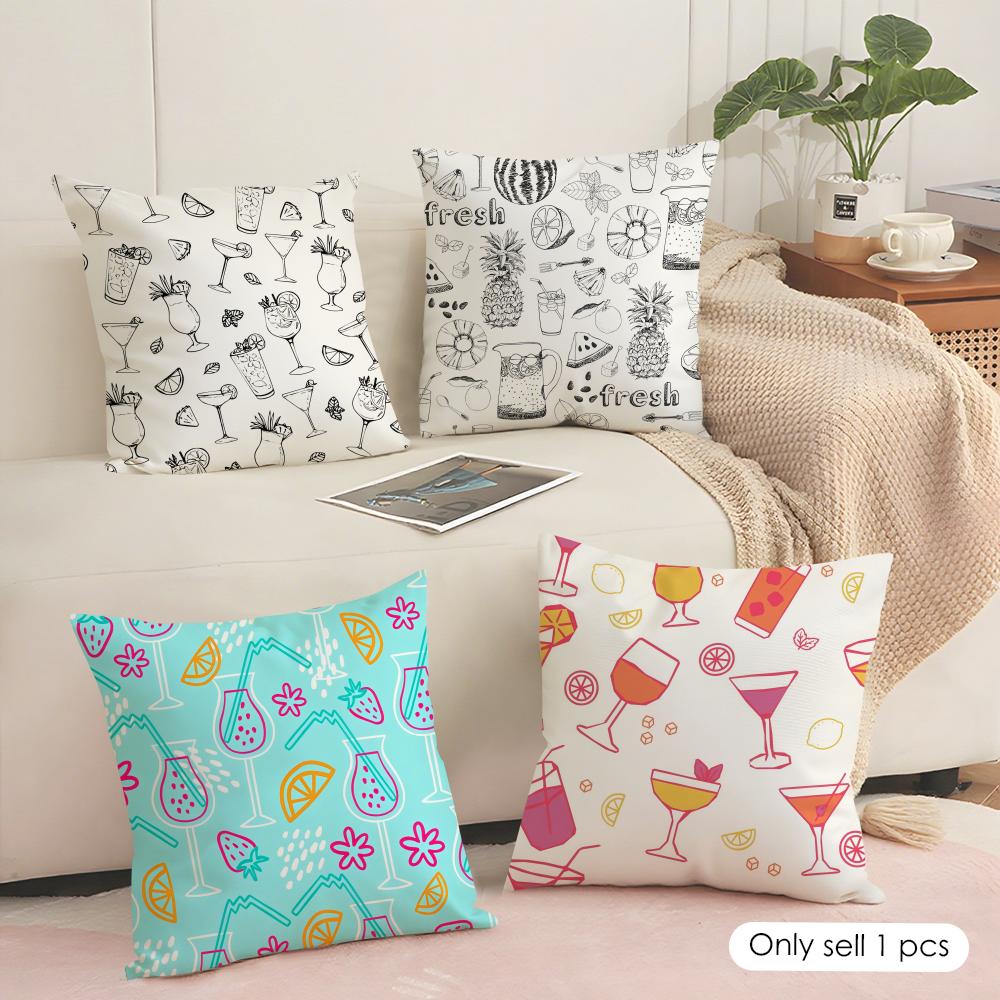 Cocktail Pattern Cushion Cover Soft Short Plush Pillow Cover Smooth Cozy Texture Aesthetic Cushion Case Home Decor