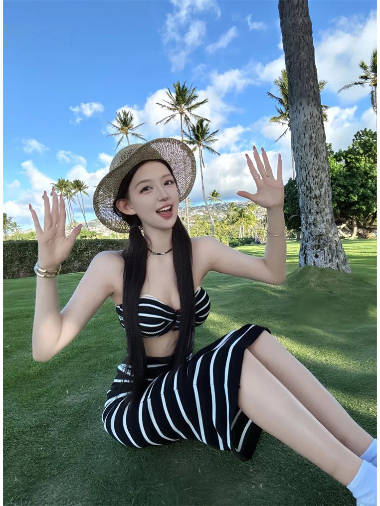 Korean Striped Three-Piece Bikini with Skirt - Women's Sexy Beach Swimsuit