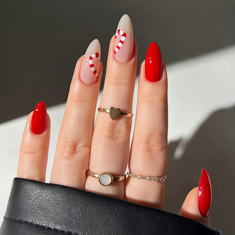 24Pcs Christmas Snowflake Red Glitter Stripe Almond Press On Nails Full Cover Fake Nail Tips Wearable Manicure Set