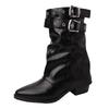 Design Sense American Leather Boots Spice Girl Willow Spike Knight Boots Women's Autumn and Winter Fashion Retro Belt Buckle Thick Heel Pile Boots