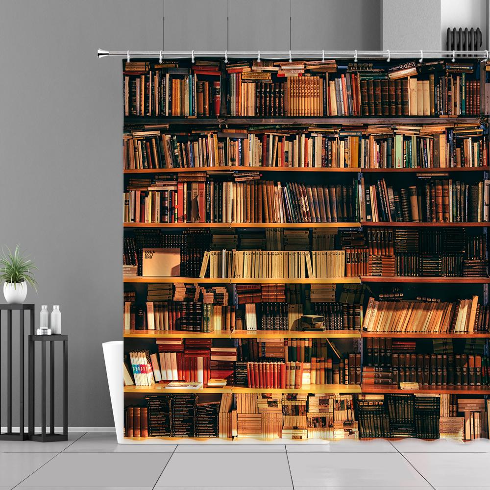 Library Old Wooden Booksheld Shower Curtain Magic Book Design Bath Curtain Study Room Temple Decoration Bathroom Decor Screens