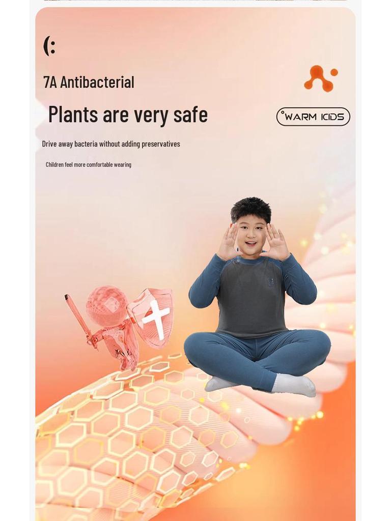 Cozy Kids' Patchwork Thermal Set: Antibacterial Boys' & Girls' Underwear and Pajamas for Autumn & Winter