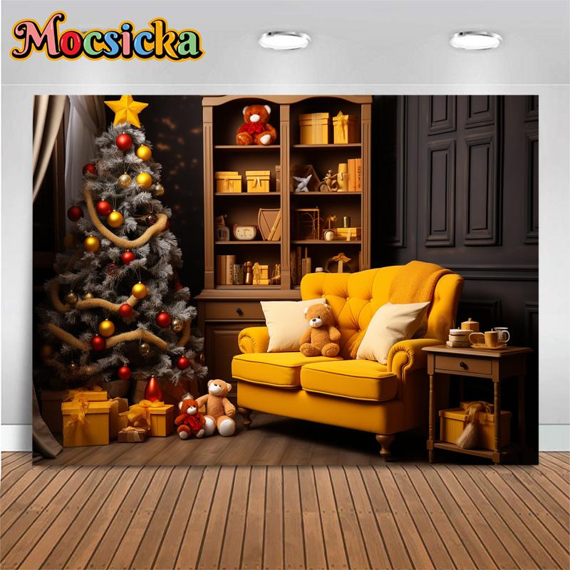 Mocsicka Indoor Christmas Home Photography Backdrop Child Birthday Photo Background Xmas Tree Bear Gifts Sofa Party Decor Banner