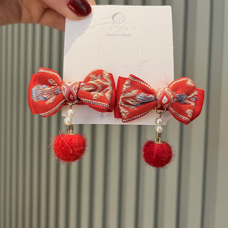 Red New Year Pearl Tassel Pompon Hair Clips for Children - Hanfu Style
