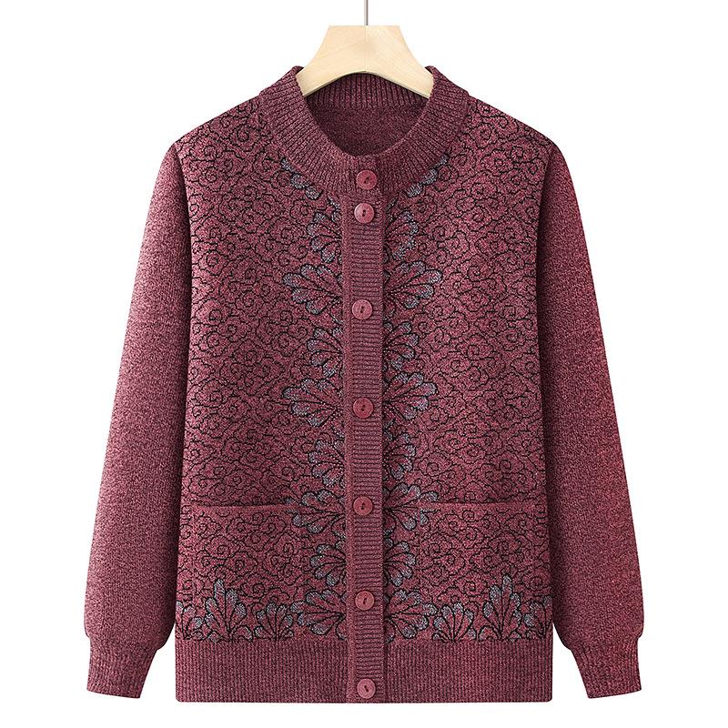 Round Neck Knitted Cardigan for Middle-Aged and Elderly Women - Grandma Style Sweater for Spring and Autumn