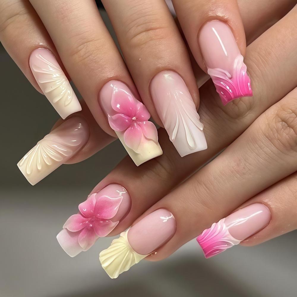24 Pièces Longues Ongles Press-On Forme Coffin Rose Doux Fraise Cerise Motif Fruité Été Dopamine Ongles Faux Portables