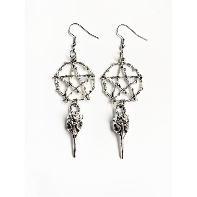 Skeleton Crow Hollow Pentagram Design Dangle Earrings Alloy Jewelry Goth Style Creative Personality Female Gift