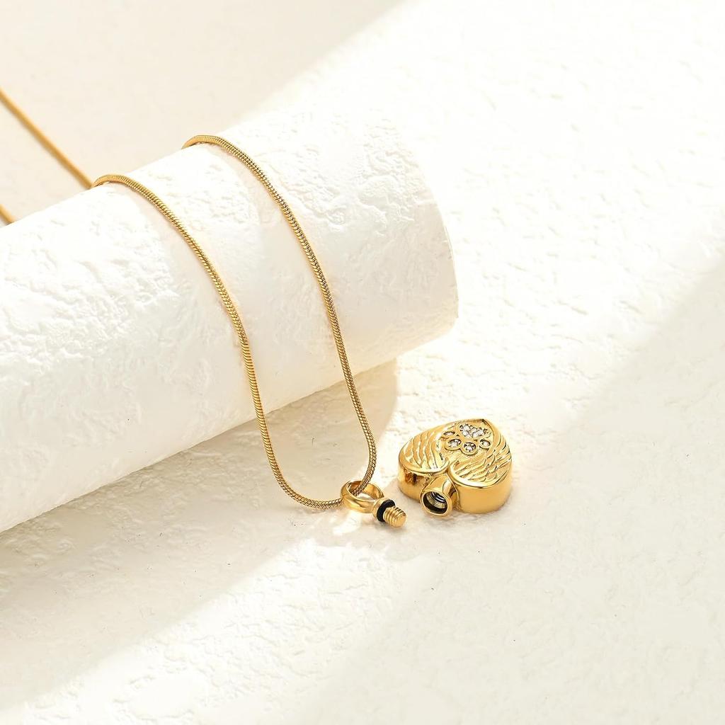 Heart Paw Print Urn Necklace for Ashes for Dog Cremation Jewelry Angel Wing Heart Urn Locket Pendant for Dog/Cat