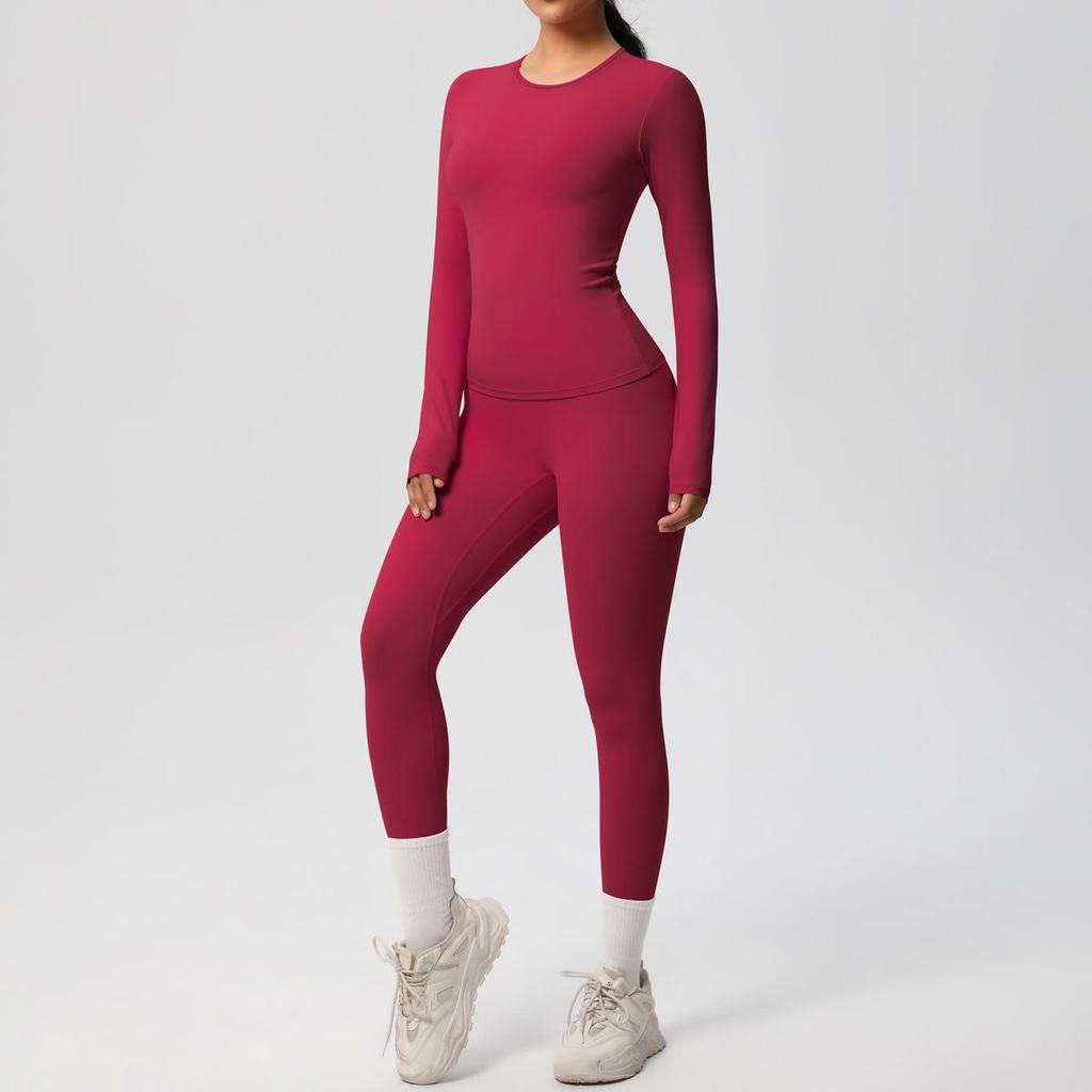 Dual-Sided Solid Color Long-Sleeve Yoga and Running Set - Two-Piece Fitness Outfit