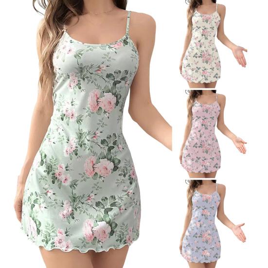Women's Nightgown with Adjustable Thin Shoulder Straps Round Neck Ice Silk Slim Fit Dress for Home Sleep Beach Wear