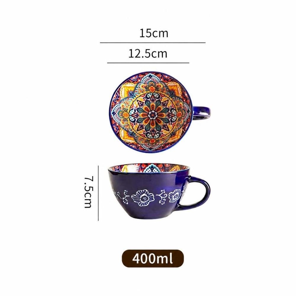 15oz Capacity Boho Ceramic Cup Hand Painted Heat Resistant Ethnic Style Ceramic Mug Microwave Safe Ceramic Milk Coffee Mug