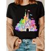 Watercolor Castle Print T-Shirt - Soft Round Neck Blouse Top with Medium Stretch Suitable for Parties & Casual Attire, Machine Washable Casual Blouse