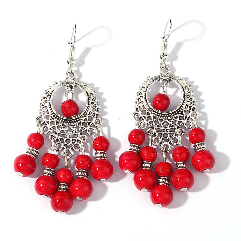 Turquoise Ethnic Simulation Beaded Earrings With Silver Filigree For Wear Daily