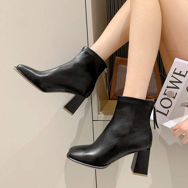 French Short Boots Women's 2025 New Spring and Autumn Single Boots Thick Heel High Heel Bare Boots Square Head Thin Boots Small Martin Boots