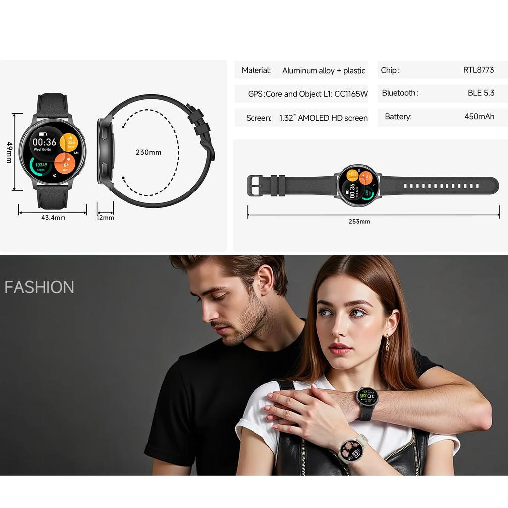 Bluetooth Smartwatch with AMOLED 1.32-inch display, LED flashlight, compass, and outdoor features