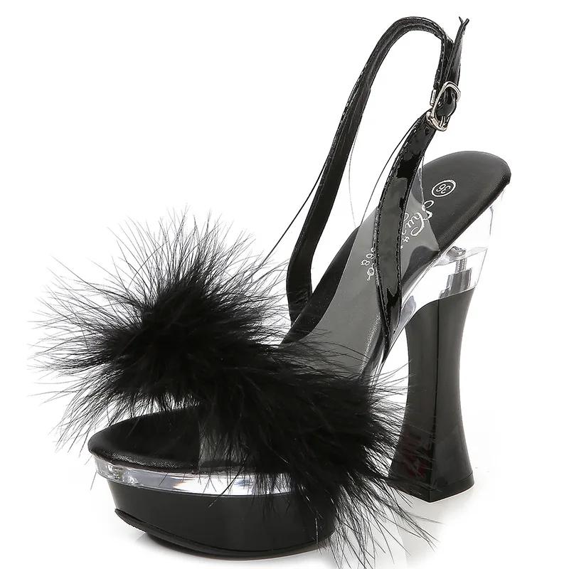 

Модные женские сандалии 14 см с перьями, сандалии на супервысоком каблуке с открытым носком, женские тапочки для банкета, свадебной вечеринки, обувь для женщин больших размеров 35-43 34 чёрный