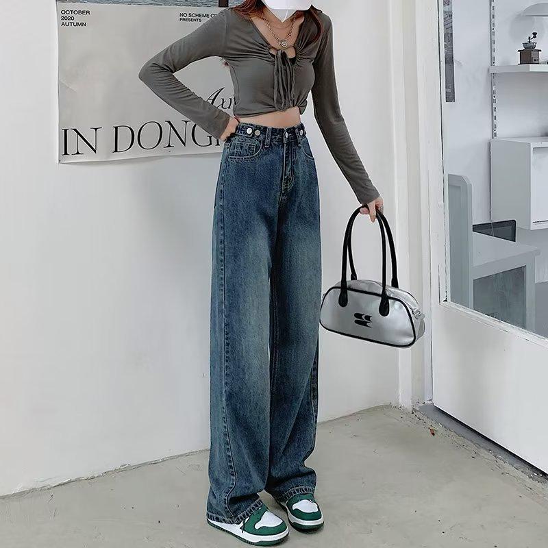 Dámské nastavitelné džíny s vysokým pasem - volné kalhoty s rovnými nohavicemi v korejském stylu, zeštíhlující střih, délka ke kotníkům, malé velikosti dostupné pro jaro a podzim.