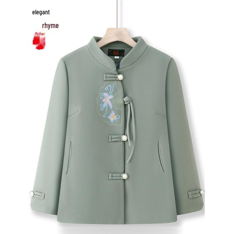 Elegant Embroidered Woolen Coat for Middle-Aged & Elderly Women – Spring & Autumn Fashion