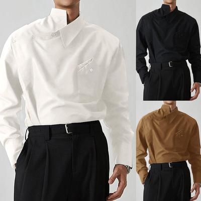 Men's Spring/Fall Cuban Collar Shirt Solid Color Lightweight Drapey Long-Sleeve Shirt