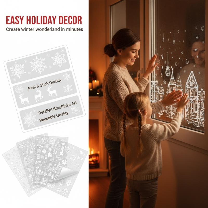 4 Pcs Christmas Window Decals Reindeer Pine Tree Snowflake Pattern Self Adhesive Home Xmas Holiday Party Decoration