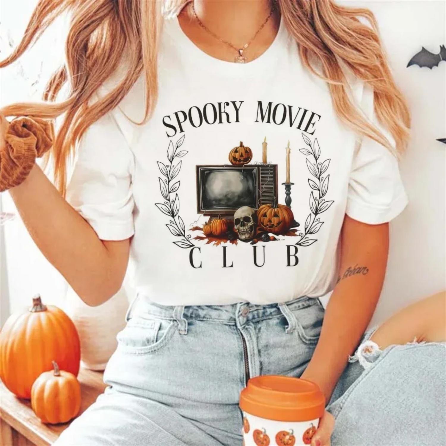 

T-Shirt Retro Spooky Movie Club Spooky Season Printed Short Sleeve Cute Trendy 90s Fashion Pattern T-Shirt Women s Trendy Top XXXXXL білий