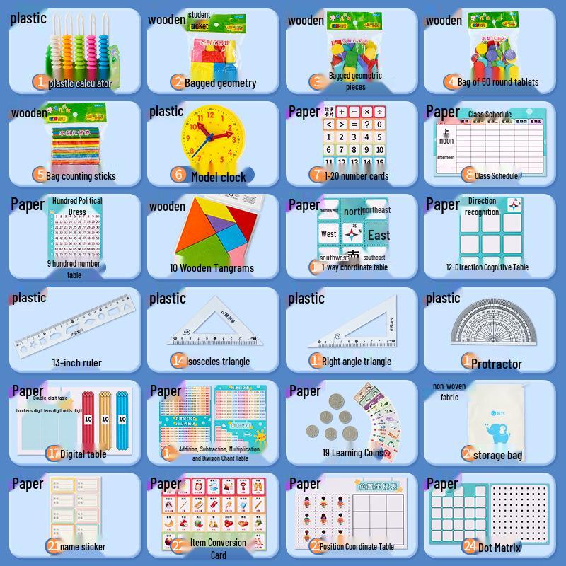 First Grade Math Teaching Aid Set with 3D Geometric Figures and Arithmetic Tools