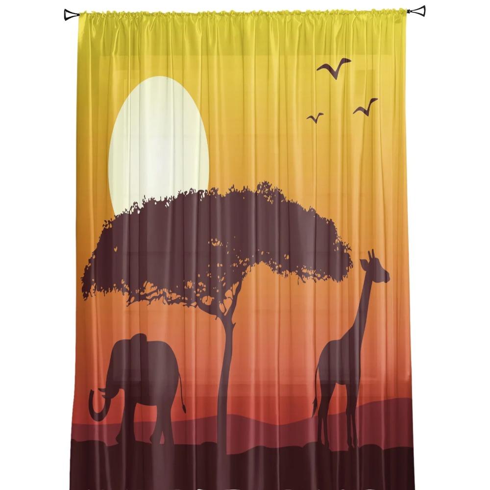 Dusk Elephant Giraffe Sun Christmas Tree Fine Netting Transparent Drapes Perfect for Living Room Decoration Window Panel Curtain for Bedroom Voile