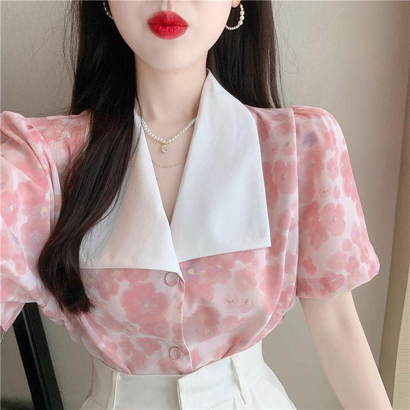 Design-sinnliches Nischen-Revers-Blumen-Chiffon-Hemd Damen-Puffärmel Französisches Oberteil