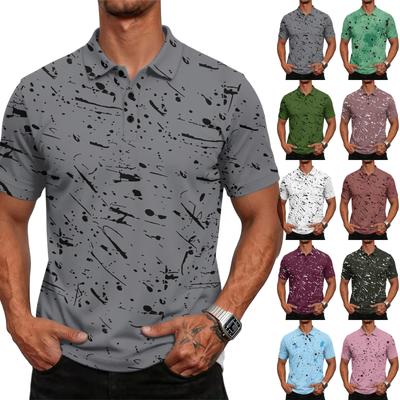 Men Short Sleeve Polo Shirt Casual Classic Fit Button Down Collar Printed Pattern Comfortable Top