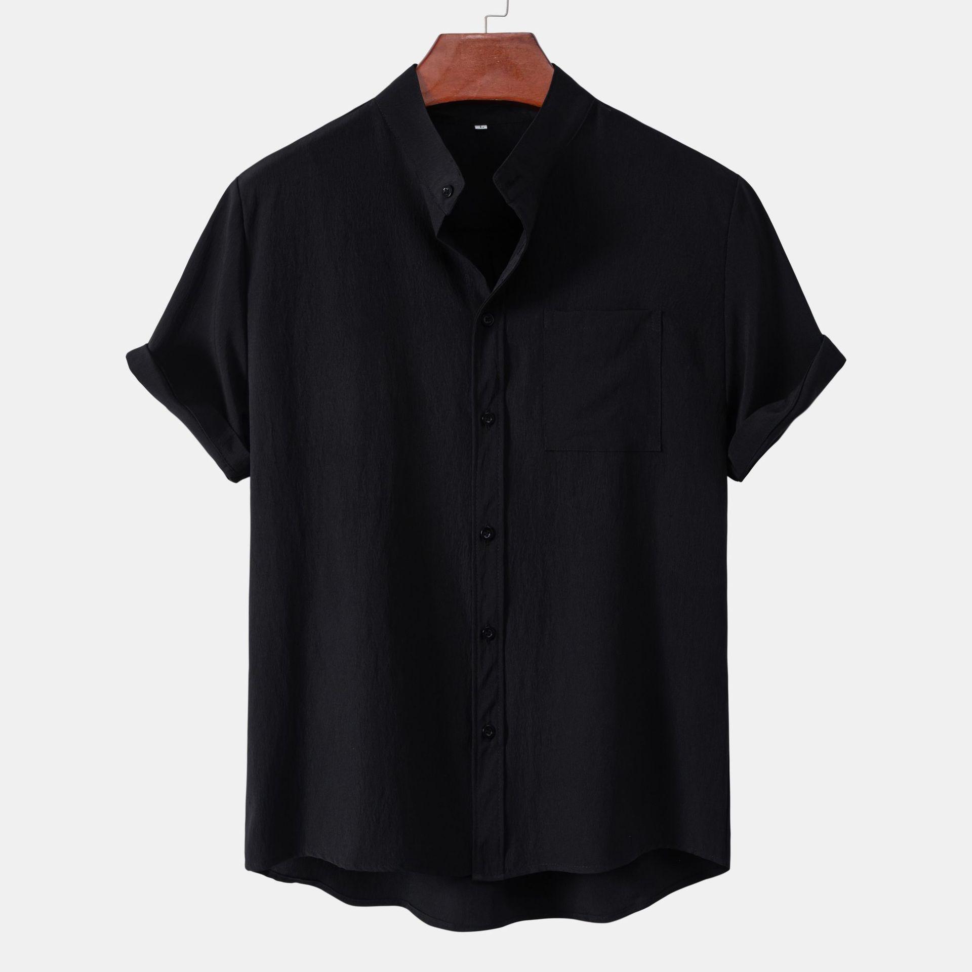 

Men s Shirt Summer Casual Shirt Elastic Wrinkle Pocket Decorative Stand-Up Collar Solid Color Shirt Short Sleeve Men s M чёрный