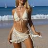 Womens Sexy Backless Lace Strappy Solid Color Three Piece Bikini Swimsuit
