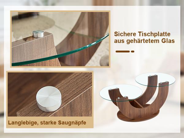 Modern Coffee Table, 2 Tempered Glass Tops, MDF Frame with Storage, Glass Coffee Table for Living Room, Walnut Look