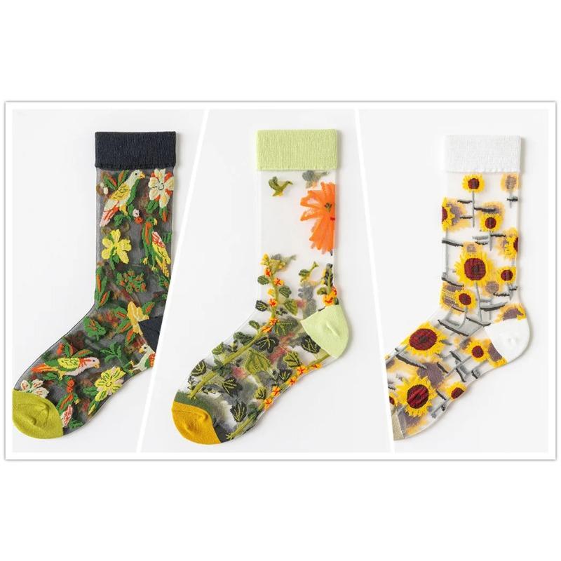 3 Pares Nuevos Set de Calcetines Transparentes Lindos de Gato para Mujer Coreanos Florales Animales Verano Delgados Kawaii Set de Calcetines de Seda para Mujer