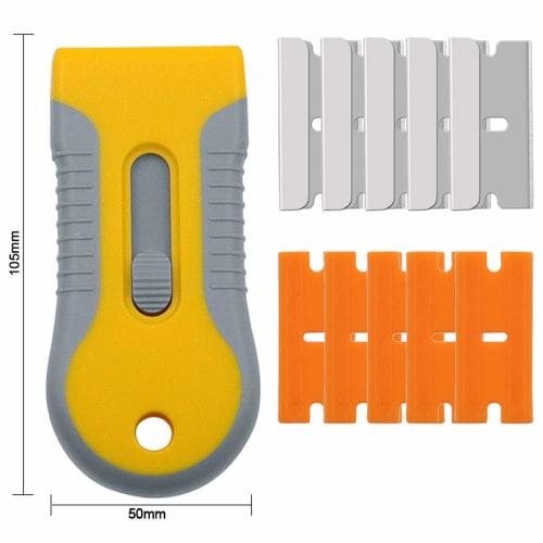 Glass Scraper, Defrosting Scraper, Stain Remover, Paint/Stickers/Labels/Adhesive Remover, 10 Replacement Blades Included: 5 Plastic Blades, 5 Stainles