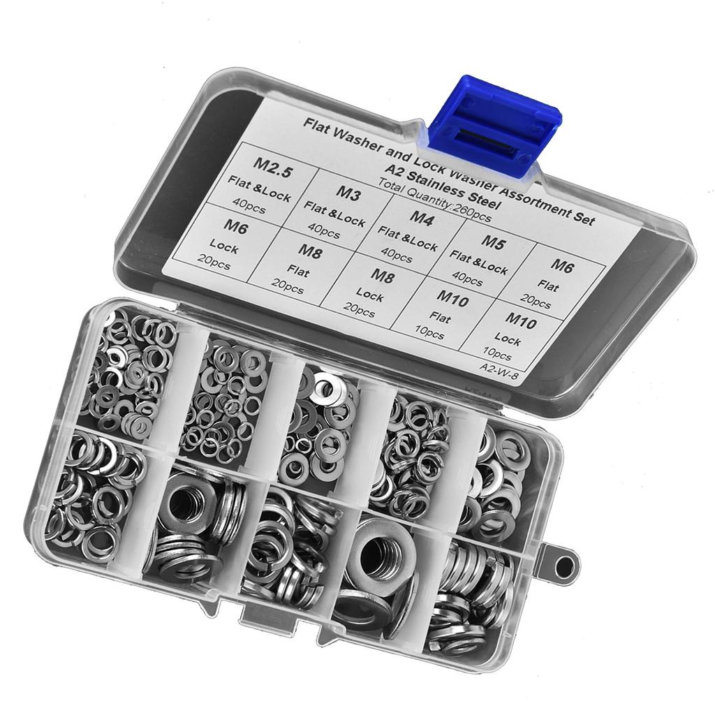 260PCS Stainless Steel Flat Washer Spring Washer Assortment Set M2.5 M3 M4 M5 M6 M8 M10