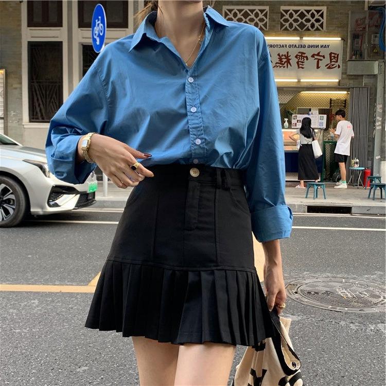 Khaki Skirt Women s Spring High Waist Thin Pleated Skirt Chic Design Sense A Word Skirt High Waist Solid Khaki Pleated Mini Skort S чёрный