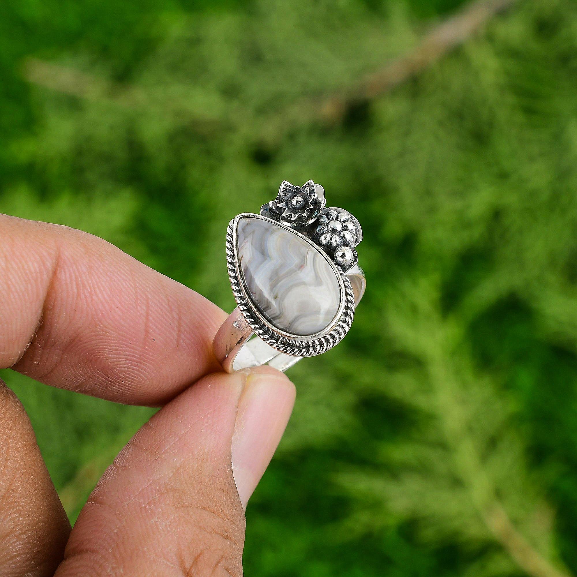 

Botswana Agate Gemstone 925 Silver Flower Mother Wedding Stackable Ring Jewelry Adjustable