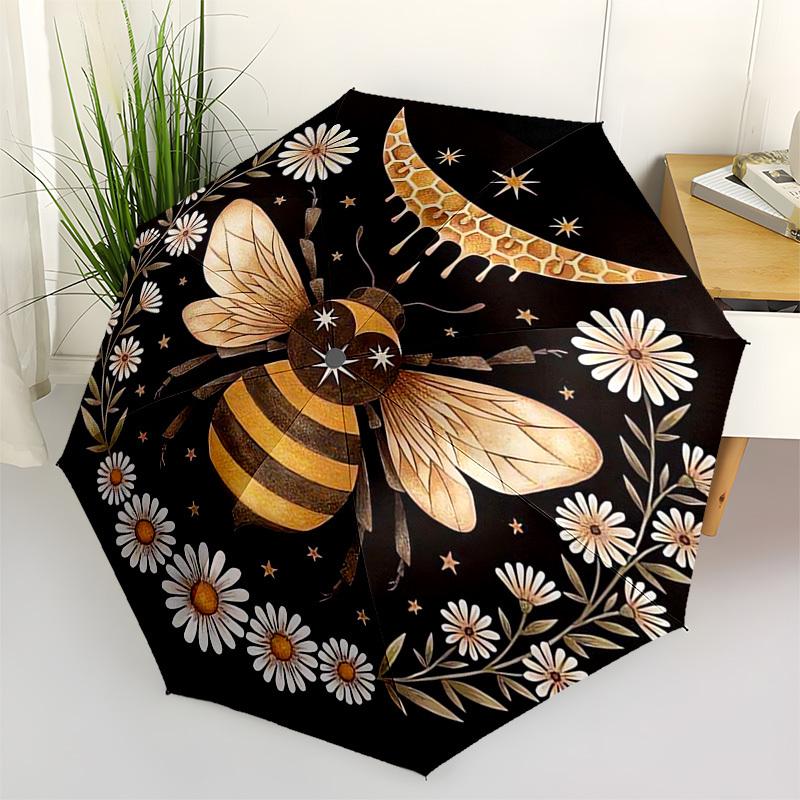 

1pc Bee Moon Flowers Starry Night Umbrella with Plastic Handle,Vibrant Cartoon Pattern,Multi-functional UmbrellaPT133
