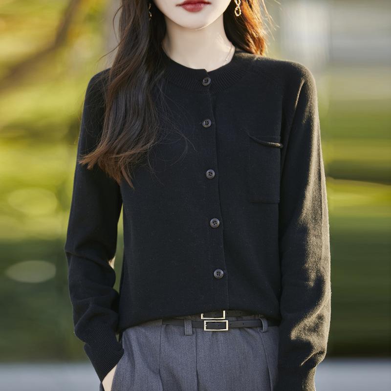 

Осенне-зимний топ с карманом с подвернутым краем, свитер из чистого хлопка, круглый вырез, длинный рукав, корейский кардиган, женский стиль XXL