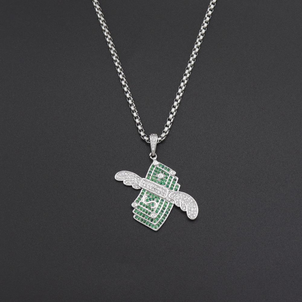 Euro-American Rap Style Hip Hop Dollar Wings Zircon Pendant Necklace for Men & Women