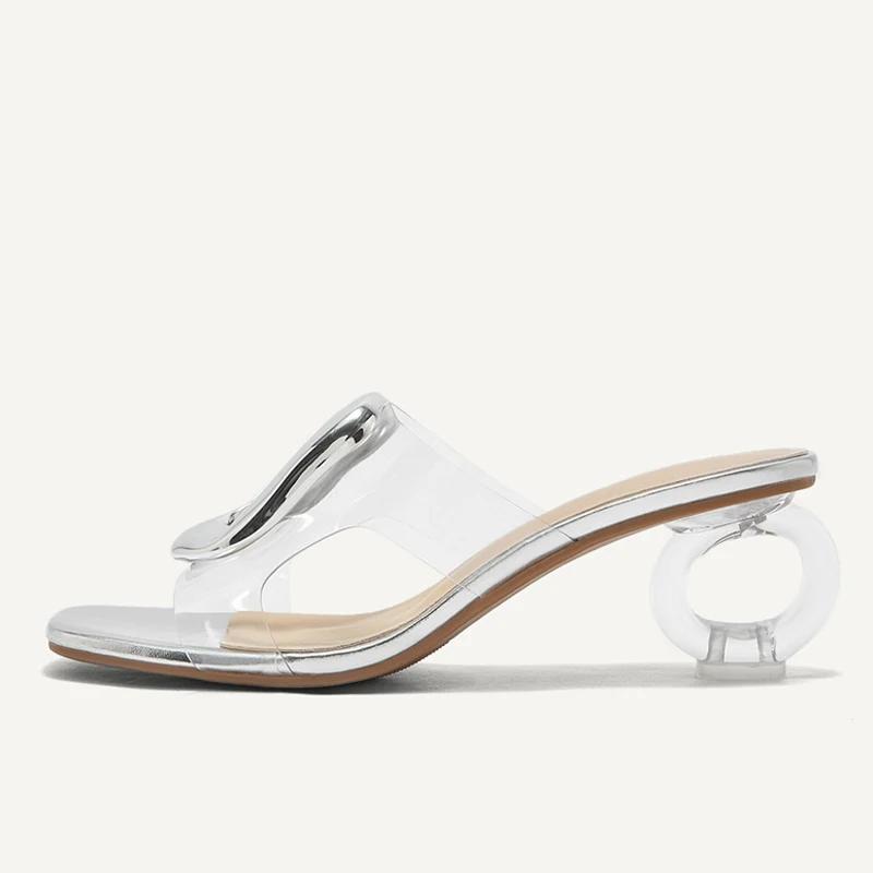 Fashion Novelty Strange Clear Heel Slippers Women Metal Decoration High Heel Slide Sandals Summer Transparent Pvc Strap Beach Flip Flop