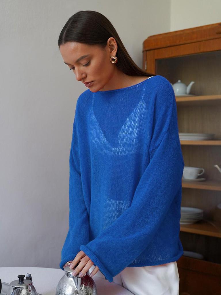European-American Thin Round Neck Bell Sleeve Knitted See-through T-shirt (Spring/Summer 2025 Collection)