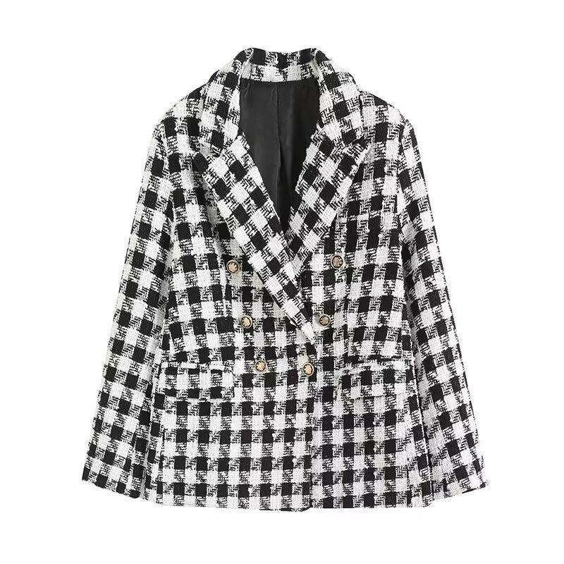 Women's Spring and Autumn Fashion Double-breasted Tweed Plaid Suit Jacket Retro Long-sleeved Pocket Suit Jacket