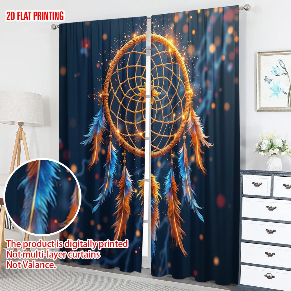 Set Of 2 Bohemian Flat Printing Curtains Dreamcatcher Native American Feathers Digital Printed Polyester Drapes Festive Curtain Made