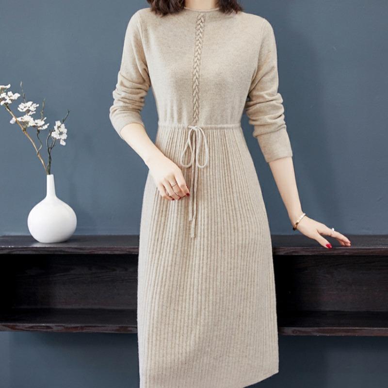 Knitted Dress for Women Autumn and Winter Waist Cinched Mid Length Sweater Dress Casual Base Over Knee Dress