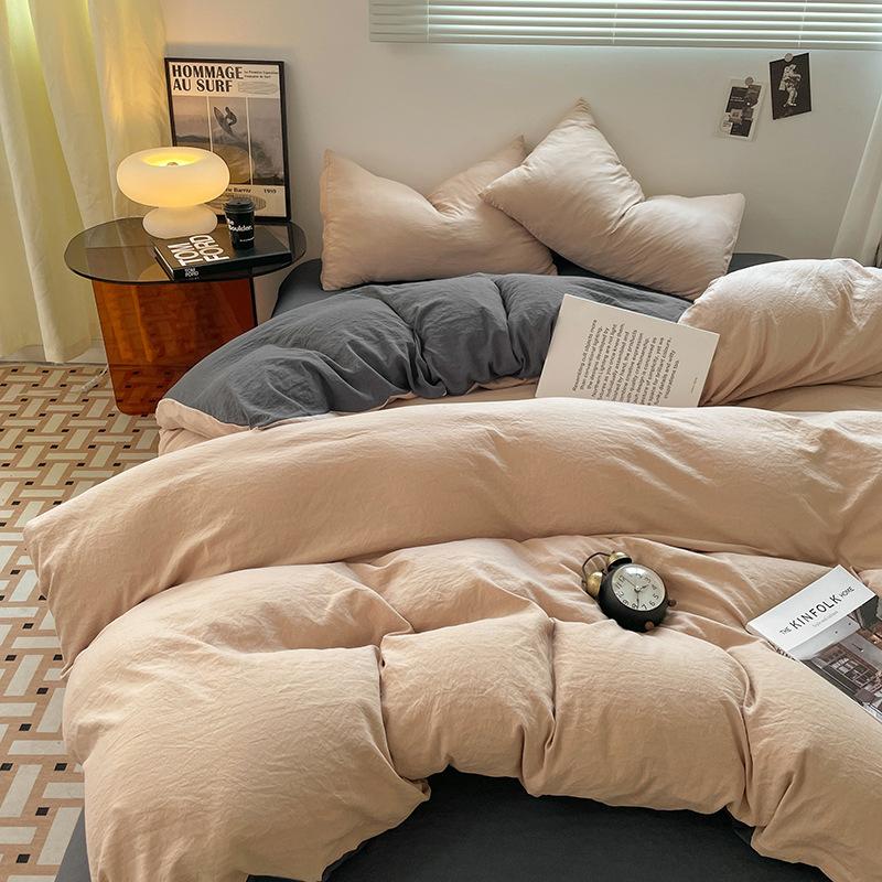 Four-piece Set for Sleeping Naked On Winter Bed, Washed Cotton Sheets, Quilt Cover, Fitted Sheet, Three-piece Set for College Dormitory