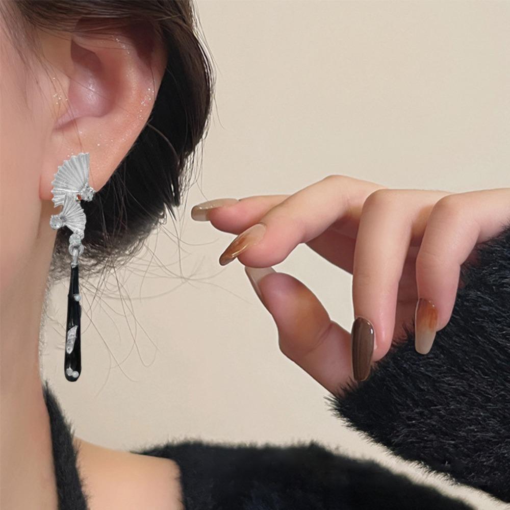 Retro Chinese Style Inlay Zircon Sliver Color Fan Black Water Droplet Long Tassel Dangle Earrings for Women Temperament Jewelry