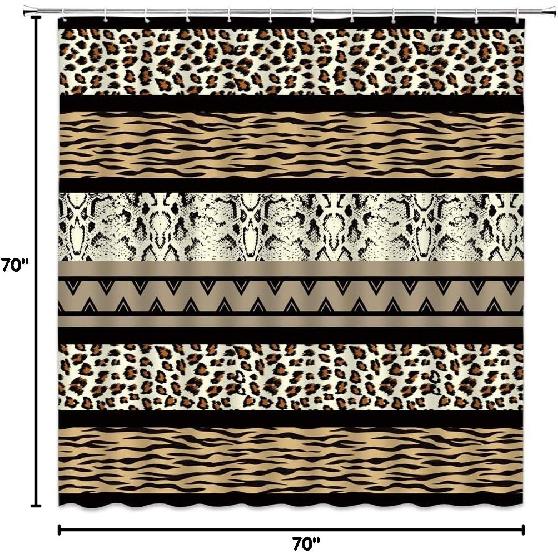 Leopard Print Shower Curtain African Animal Leopard Skin Pattern Stripes Patchwork Creative Art Home Bathroom Decor Fabric Curtain with 12
