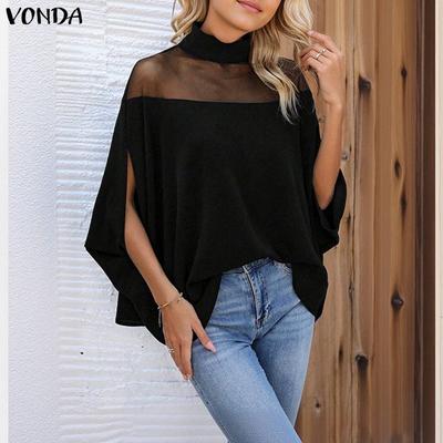 Damen Stehkragen 3/4 Fledermausärmel Netz Patchwork Samt Locker Lang Tunika Bluse