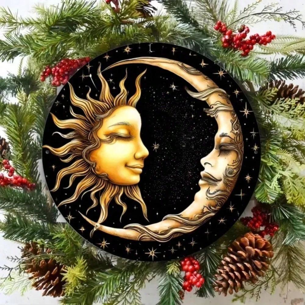 Vintage Round Tin Sign Sun Moon Berries Metal Wall Art